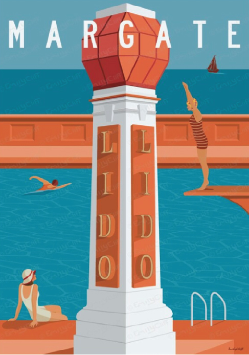 EmilyCliff Poster Art, Giclee Print Depiction of Margate Lido, Margate Art